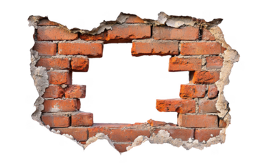 broken brick wall with a large hole in the center. The exposed bricks and crumbling edges highlight themes of destruction cut out transparent isolated on white background PNG