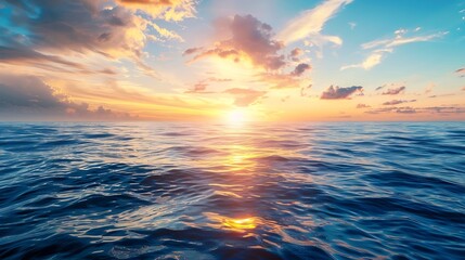 Obraz premium Calm sea with sunset sky ocean marine surface and cloud background seascape Horizon over the water : Generative AI