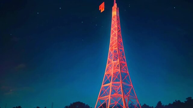 Red power transmission tower against a starry night sky.