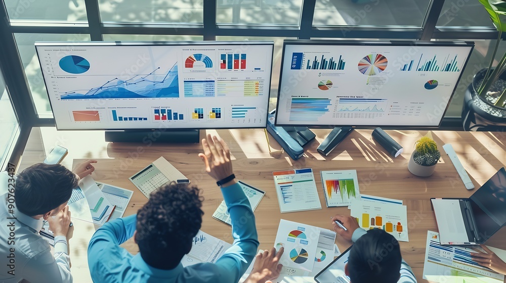 Poster Top view business presentation with data analysis dashboard on TV screen in modern meeting room Business people brainstorming or working together to plan business marketing strategy Co : Generative AI