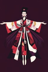 Obraz premium Minimalism illustration, a Caucasian woman, wearing a layered outfit with exaggerated volume and unconventional shapes, posed with arms wide open, avant-garde fashion, boho, flat illustration 