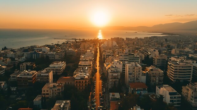 Aerial view of the popuar shopping district of Glyfada South Athens Riviera Greece during a golden sunset : Generative AI