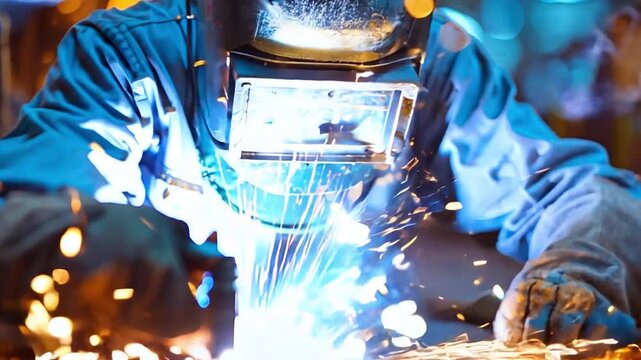 Industrial worker in the plant, welding steel framework