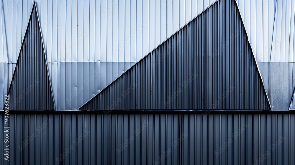 Aufkleber Corrugated metal walls of industrial building Pitched roof Abstract modern architecture in minimal style Material geometric pattern with triangles polygons angular structure and parall : Generative AI