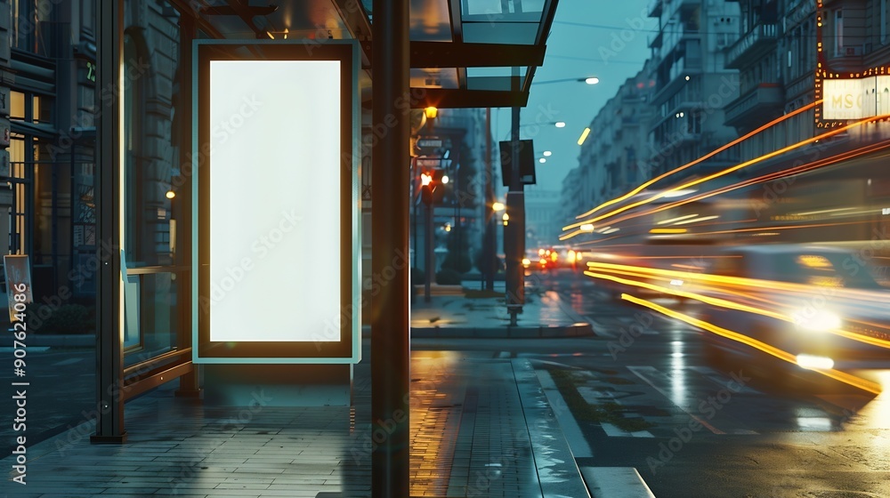 Poster white bus stop billboard poster in a station with cars in moving in the background front view mockup