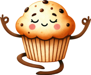 A cute cartoon cupcake meditating, radiating happiness and joy with its serene expression and playful design.