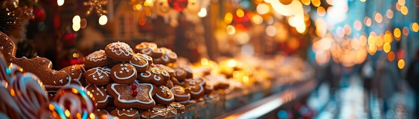 Festive market scene with an assortment of colorful holiday cookies and sweets, adorned with twinkling lights.