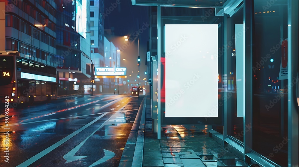 Poster concept of digital marketing in the city advertising billboard with white empty canvas on bus shelte