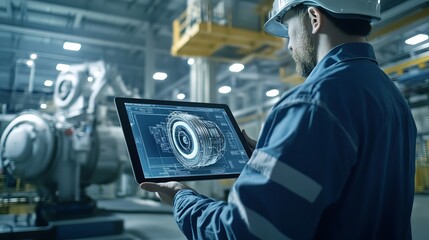 In a factory setting an engineer uses a tablet computer to design an engine with an augmented reality app Industry 40 concept involving research development visualization and