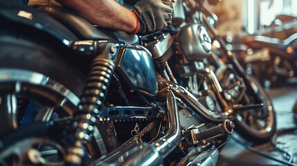 Fototapeta premium handheld close up head shot shot of bike mechanic reparing motorbike at garage concept of Hard working repair service and dedication : Generative AI