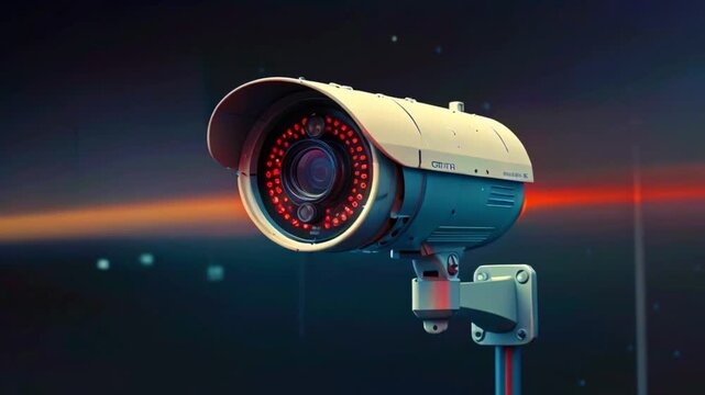 A security camera with infrared lights, mounted on a wall, in front of a blurred background of red and blue lights.