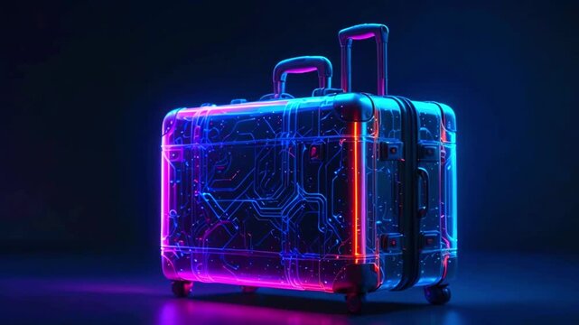 Futuristic suitcase with neon lights glowing.