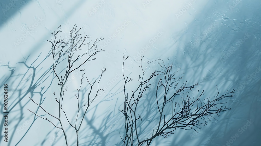 Leinwandbilder Minimalistic abstract gentle light blue background for product presentation with light and intricate shadow from tree branches on wall : Generative AI
