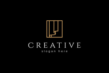Curtain logo in box frame with gold luxury minimalist line art vector design style