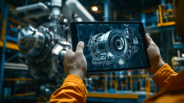 In a factory setting an engineer uses a tablet computer to design an engine with an augmented reality app Industry 40 concept involving research development visualization and