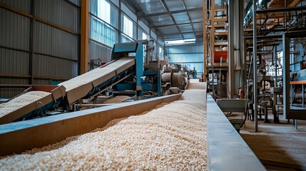 Interior of a rice milling factory showcasing a paddy drying machine and loading area for postharvest processing of paddy rice intended for export