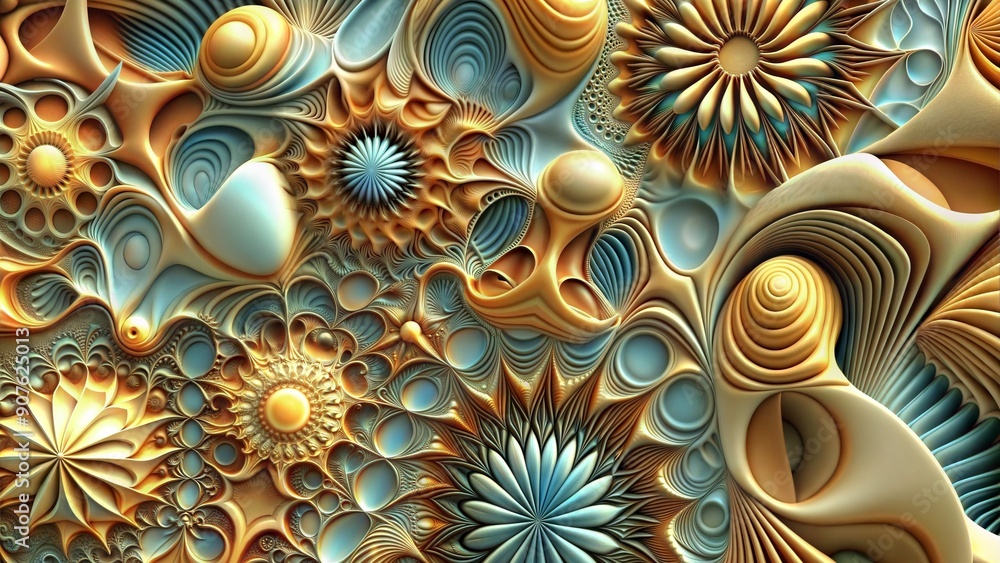 Poster complex and detailed abstract patterns in a blend of earthy tones and blues create a mesmerizing vis
