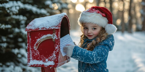 A young girl wearing a Santa hat and a blue coat is joyfully mailing a letter to Santa at a snowy mailbox