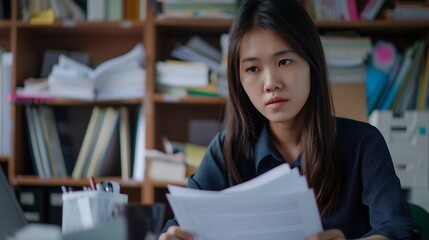 Asian financial woman working inside office with documents papers behind paperwork serious businesswoman looking financial reports at workplace  confident successful female accountant : Generative AI