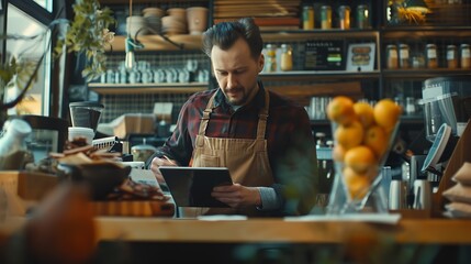 Coffee shop restaurant and man on tablet for online menu checking stock and inventory Small business cafeteria and happy owner or waiter on digital tech for social media networking and : Generative AI
