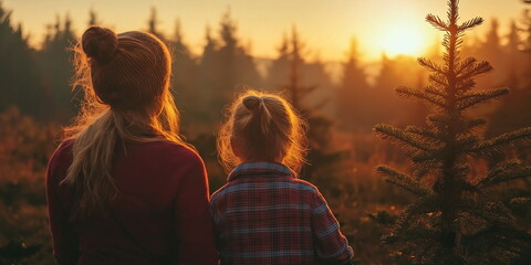 Fototapeta premium Mother and daughter. Serene sunset in a pine forest