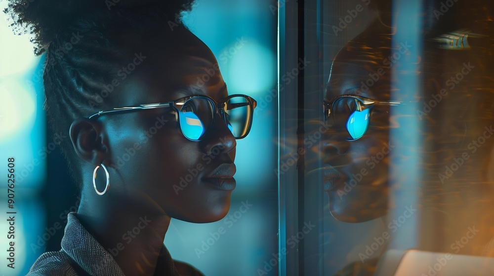 Poster Office laptop and black woman reflection in glasses and thinking checking email or search on digital report Computer concentration and journalist reading article for African online new : Generative AI