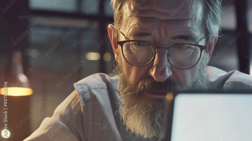 Aufkleber Experienced programmer inside office at workplace senior man with beard and glasses working on laptop businessman satisfied with achievement results : Generative AI