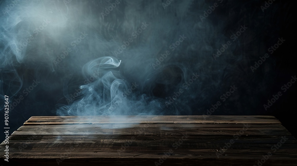 Poster empty wooden table with smoke float up on dark background empty space for display your products : ge