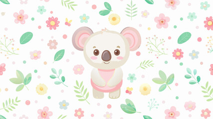 Illustration of a cute koala surrounded by bright pastel flowers and foliage on a soft background