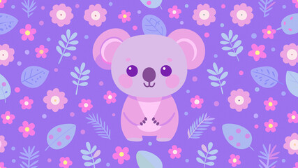 Obraz premium Childish illustration with a little koala on a purple background decorated with pastel flowers and foliage