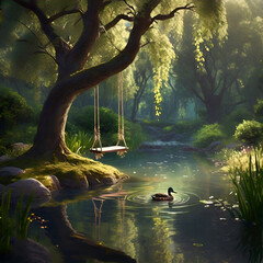 Tranquil Forest Scene with Sunlight and Lush Greenery