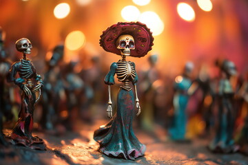 A figurine of La Catrina stands elegantly amidst a collection of skeleton figurines. Cultural celebration of Day of the Dead