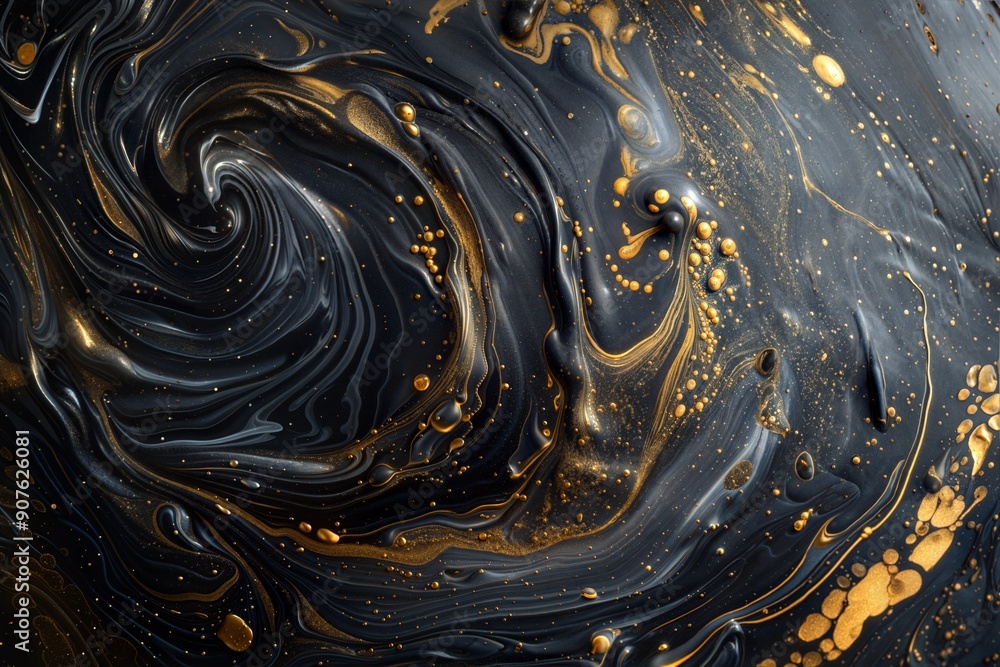 Poster an abstract swirl pattern in black and gold, creating a luxurious and dynamic visual effect. perfect
