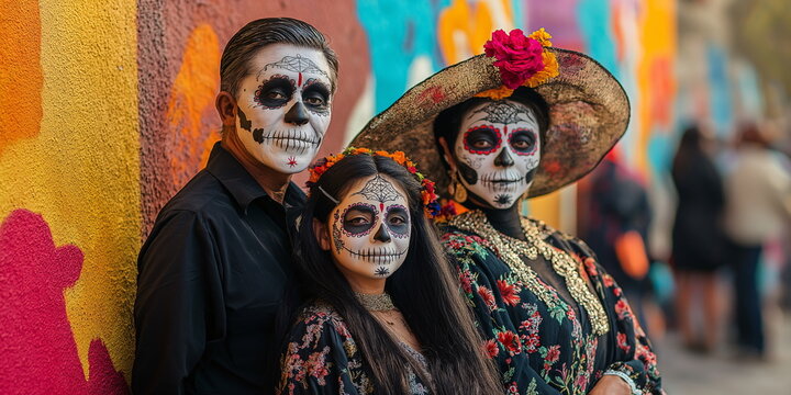A family with skull makeup and traditional Day of the Dead costumes poses in front of a colorful mural