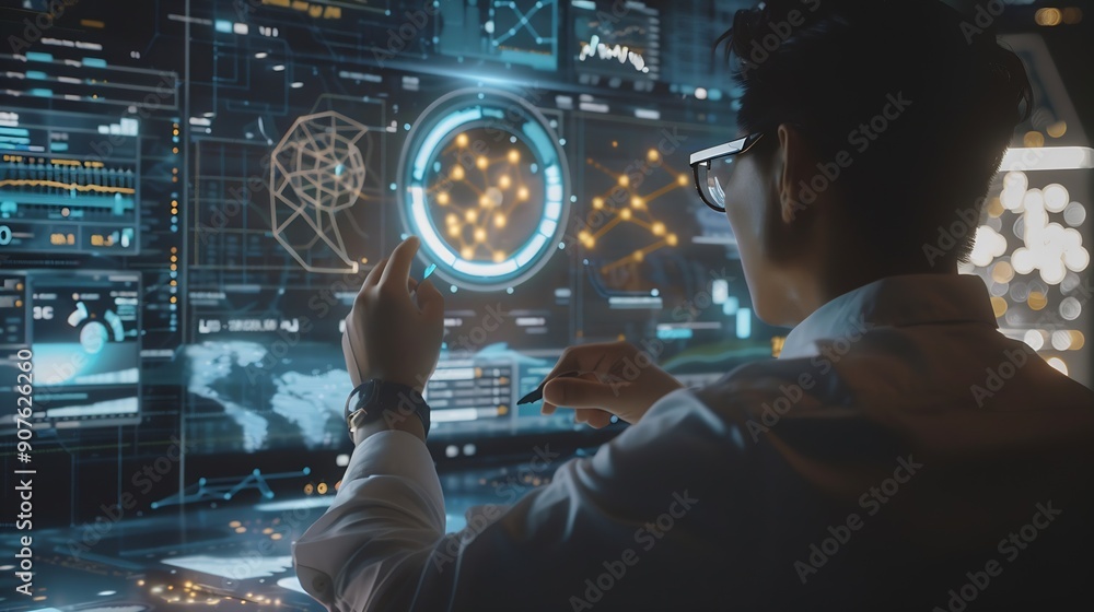 Poster businessman analyzes profitability of working companies with digital augmented reality graphics posi