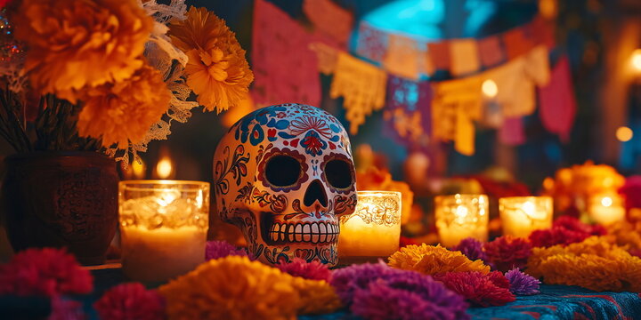 An altar decorated with a painted skull, marigold flowers,and candles, traditional elements of a Day of the Dead celebration
