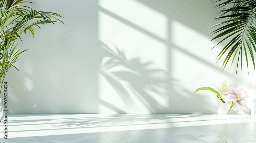 Poster Abstract white studio background for product presentation Empty room with shadows of window and flowers and palm leaves  3d room with copy space Summer concert Blurred backdrop : Generative AI