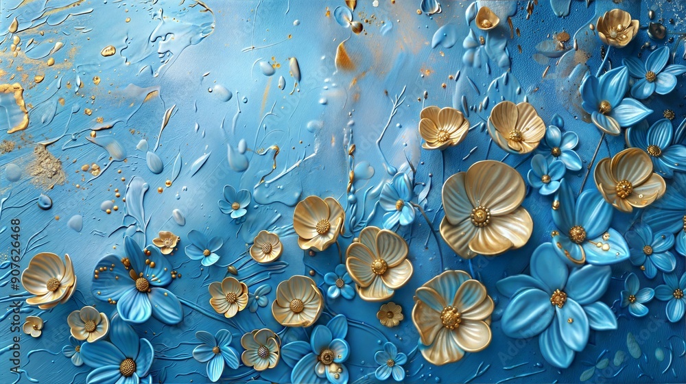 Aufkleber an abstract floral pattern in blue and gold, creating a luxurious and vibrant visual effect. ideal f
