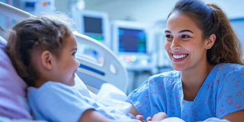 Caring nurse interacting with young patient in hospital bed, positive pediatric care experience focusing on compassionate medical treatment for children