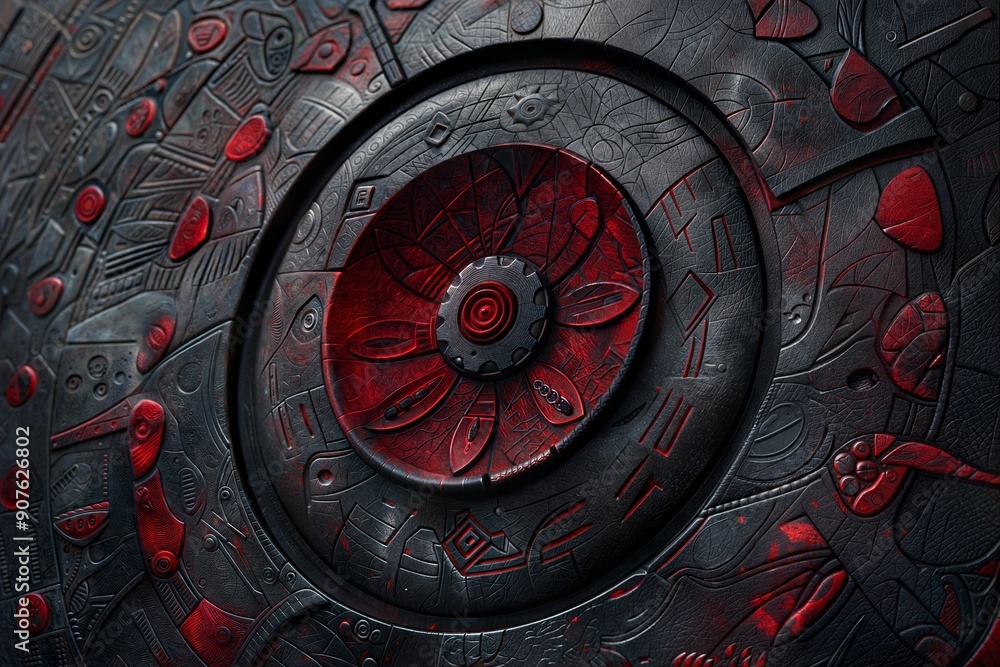 Aufkleber a close-up of an abstract red and black design featuring circular patterns and intricate details, ev