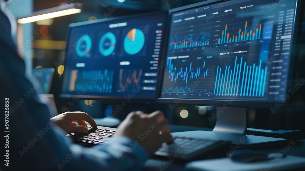 Poster Business people use computers to analyze business and manage corporate data business analytics with charts metrics and KPIs to improve organizational performance financial organization : Generative AI