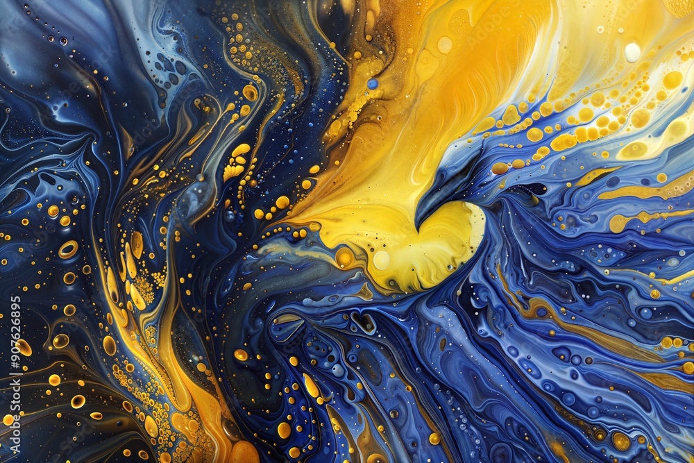 Poster an abstract painting featuring dynamic swirls of blue and yellow, creating a striking visual effect.