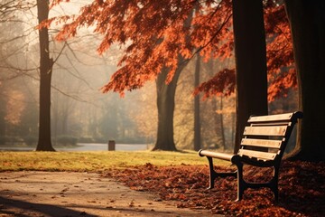 Fototapeta premium Autumn bench chair park.