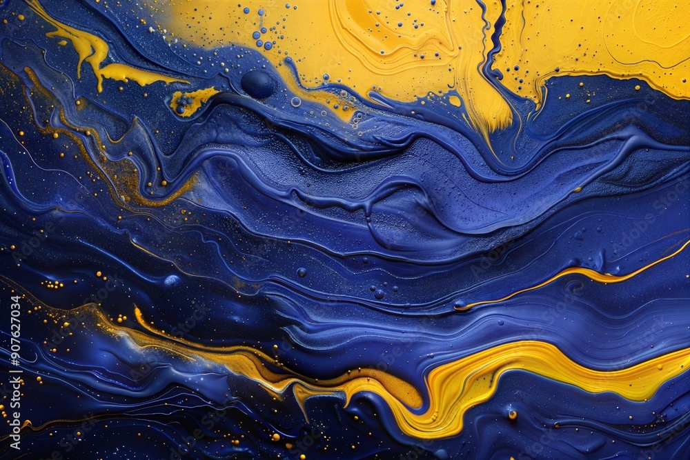 Poster an abstract image of flowing blue and yellow waves, creating a dynamic and vibrant visual effect. pe