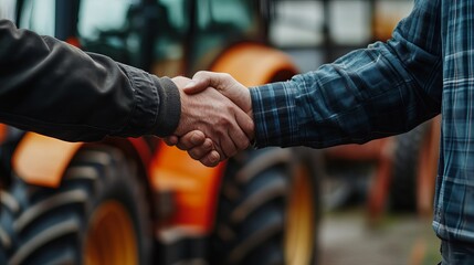 Purchasing a new tractor agricultural machine Closeup view of a buyer and dealer shaking hands at a tractor dealership