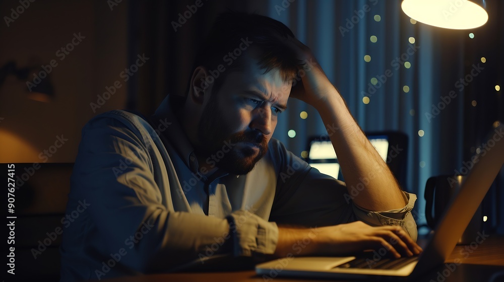 Aufkleber Tired male office worker working late at night using desktop computer and touching forehead Exhausted businessman working on laptop computer until night Concept of stressful life and d : Generative AI