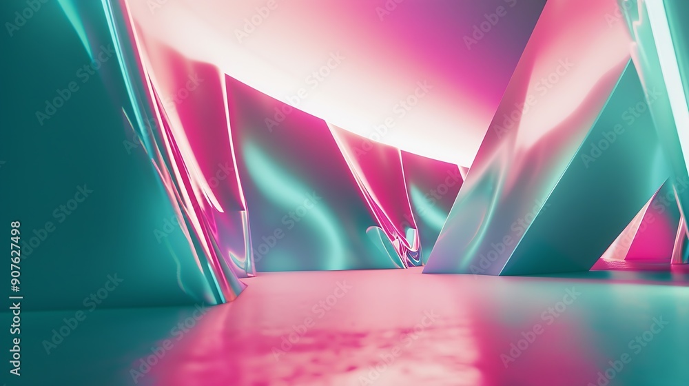 Leinwandbilder Pink and teal dynamic sheets with neon led illumination Retro futurism abstract background : Generative AI