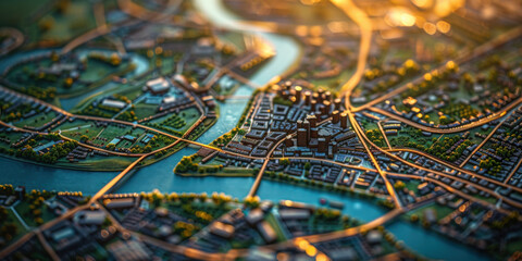 Fototapeta premium Close-up view of a detailed map featuring a city layout with rivers, roads, and buildings under golden light.