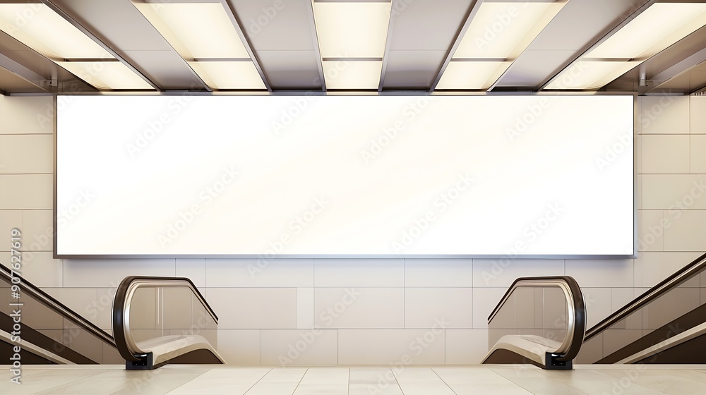 Aufkleber mock up horizontal large billboard on the wall near escalator in shopping mall four lamps hanging on