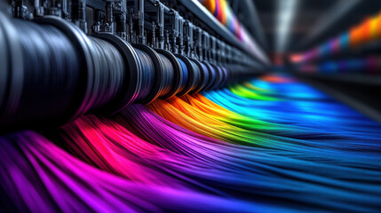A colorful line of fabric is being woven together. The colors are bright and vibrant, creating a sense of energy and excitement. Concept of creativity and the beauty of art